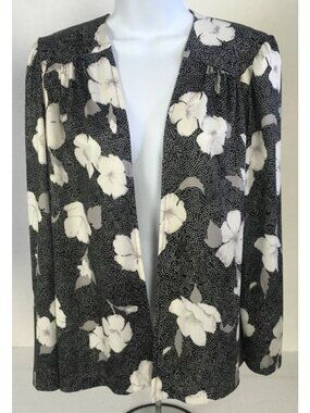 Whirlwind Open Front Cardigan Size 16WP Black White Polka Dots w White Flowers